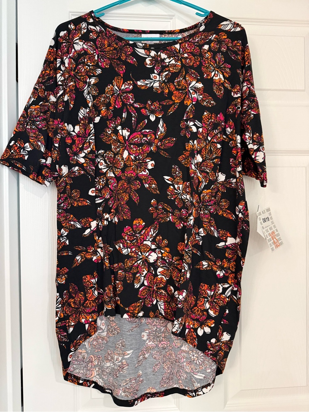 Lularoe Irma Women's Black Floral Short-Sleeve Tunic Top - Pink & Orange Floral